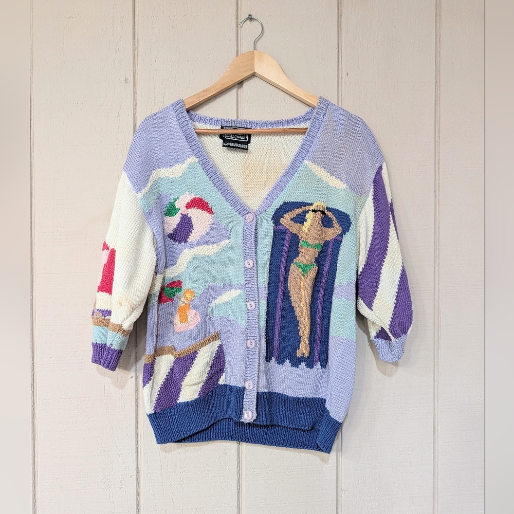 Vintage 80s Berek Beach Babes Knit Sweater Novelty Retro Handknit Cardigan